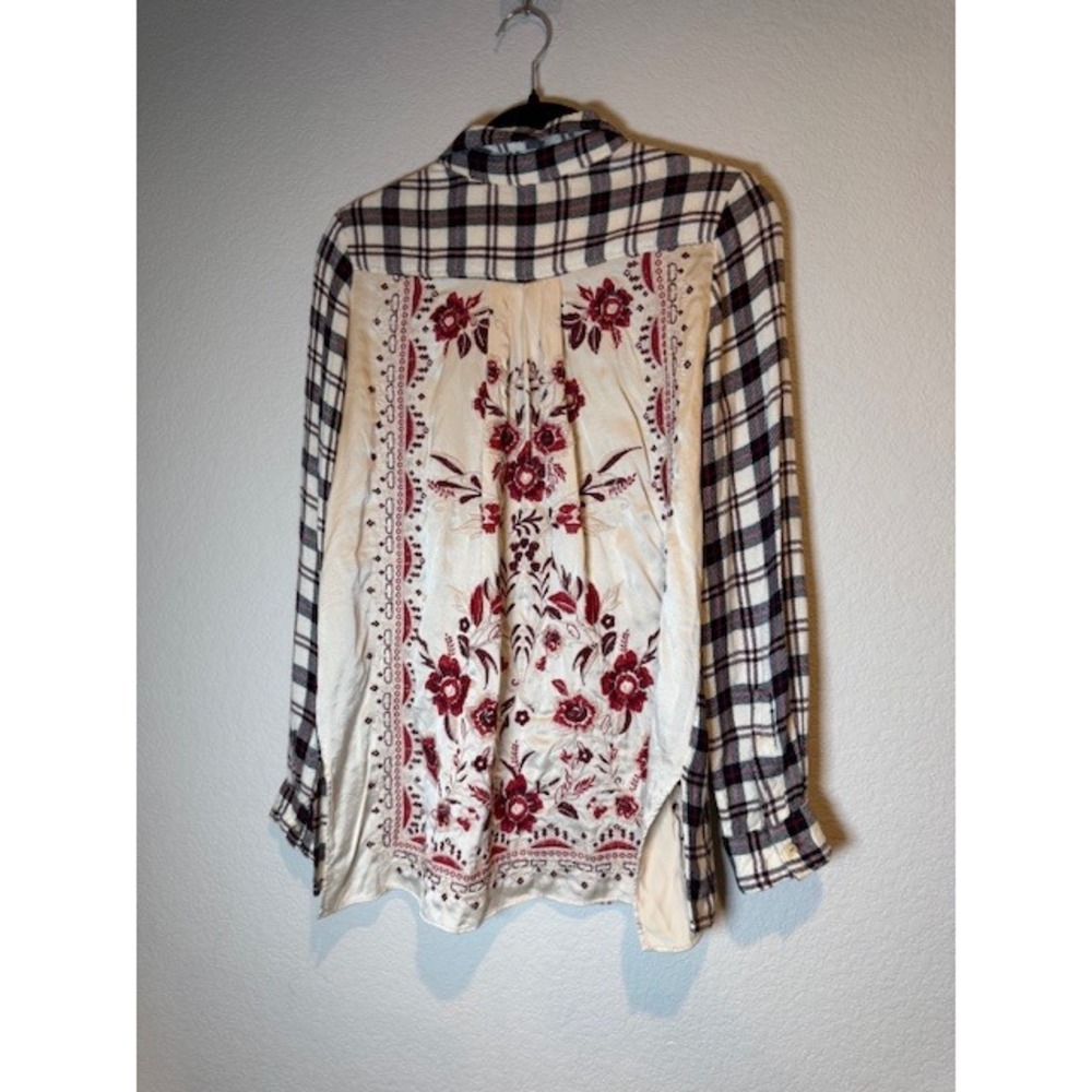 Johnny Was JW Workshop Plaid Silk Embroidered Back Button Down Shirt XS 7419
